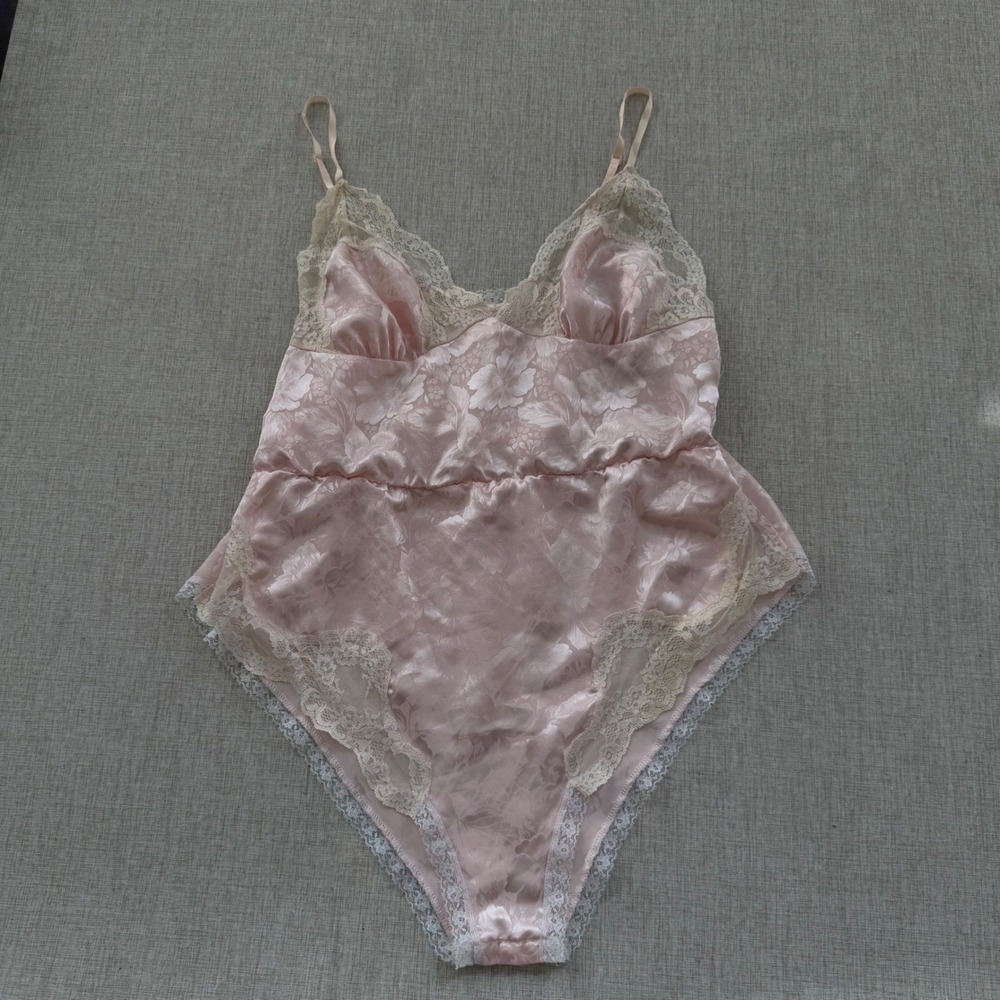 Vintage Pink Floral Jacquard Lace Trim Teddy Bodysuit Made in USA Medium - Picture 1 of 7